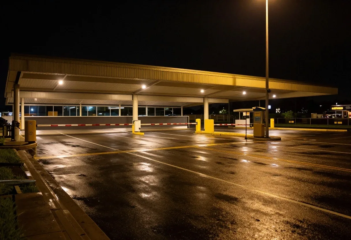 Entry boom gate at a Brisbane Airport parking facility at night
