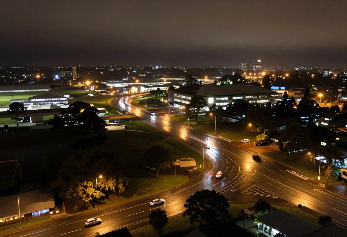 Aerial night view of the Brisbane Airport road network