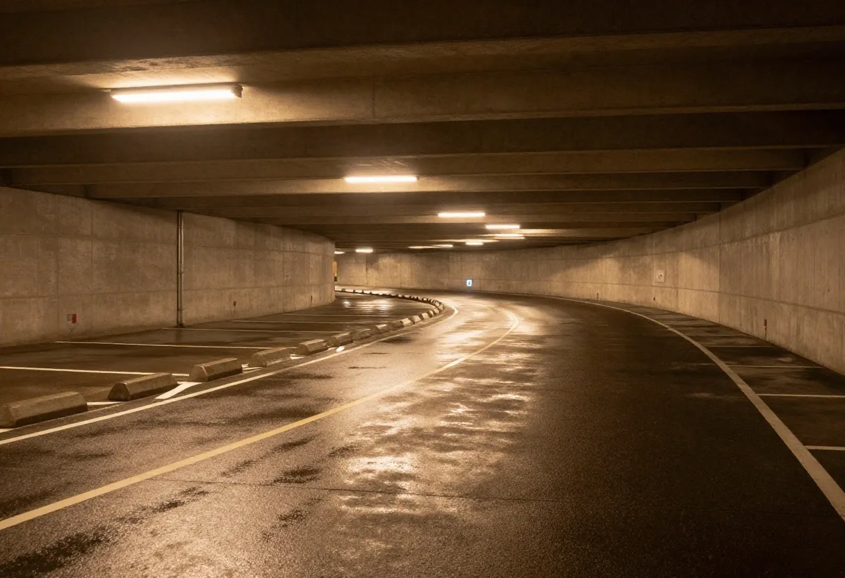 Covered parking deck at night with wet tarmac reflecting sodium lights