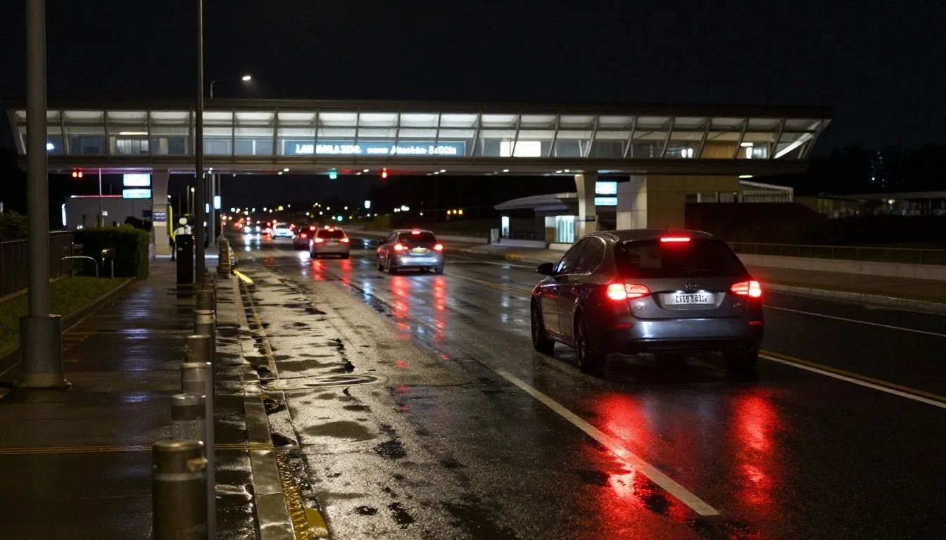 Brisbane Airport terminal forecourt at night with wet pavement and car headlights