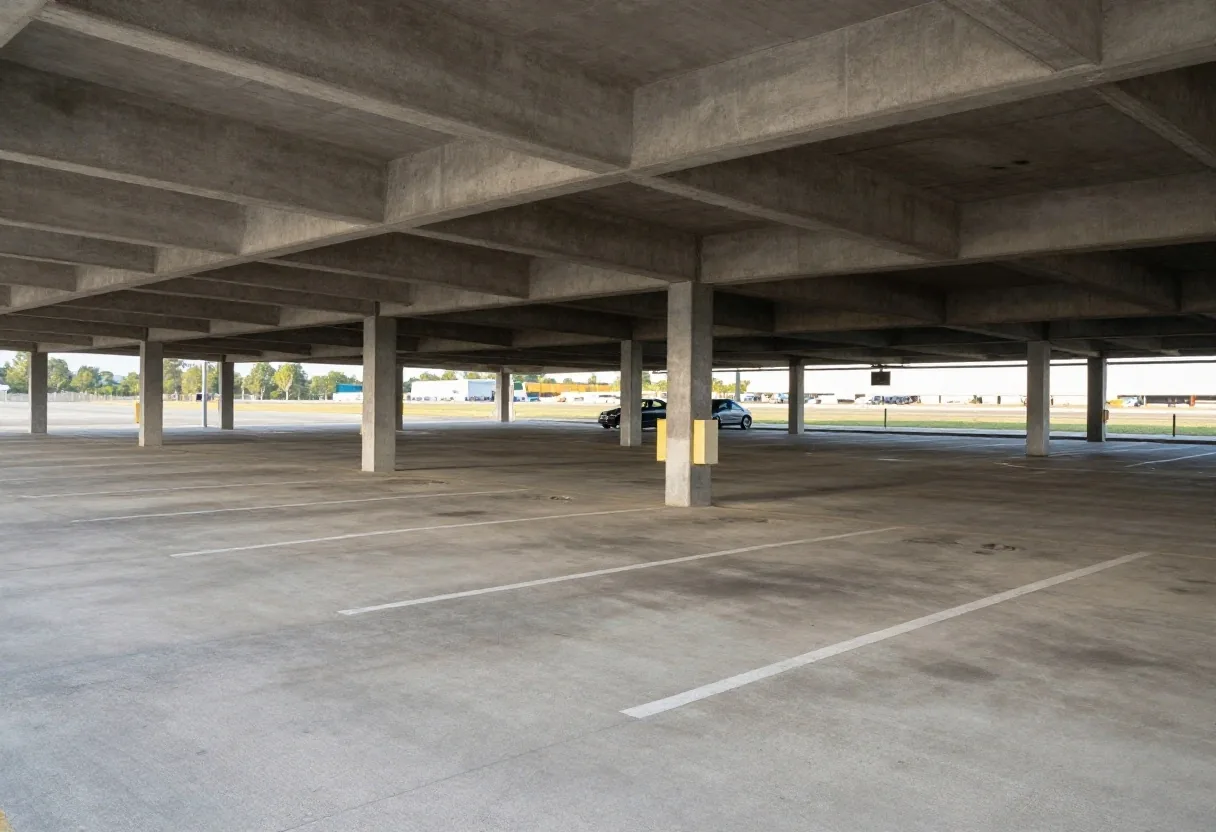 Covered parking bays under a concrete shelter with overhead lighting