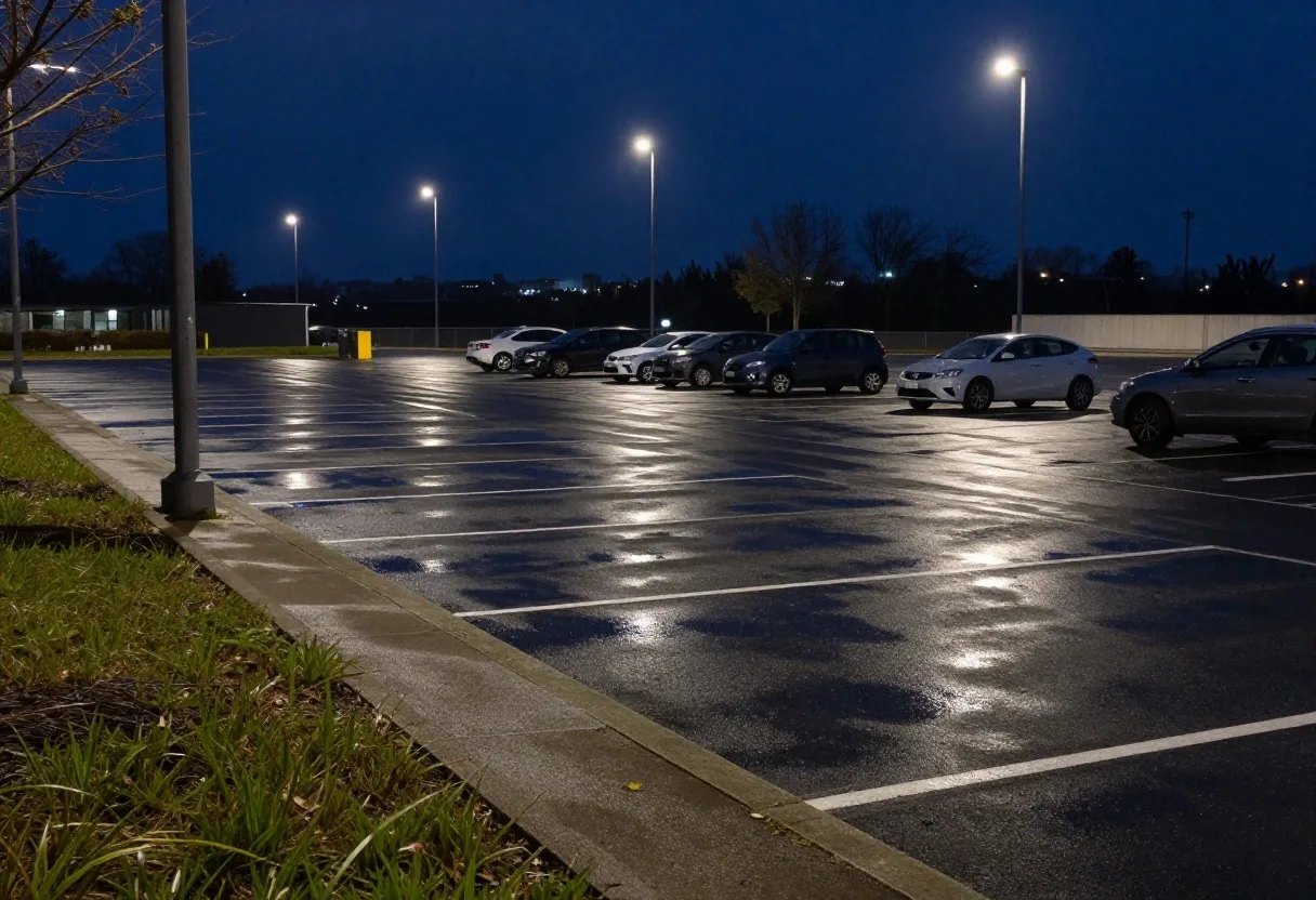 Open-air parking lot with cars parked outdoors under sodium lights