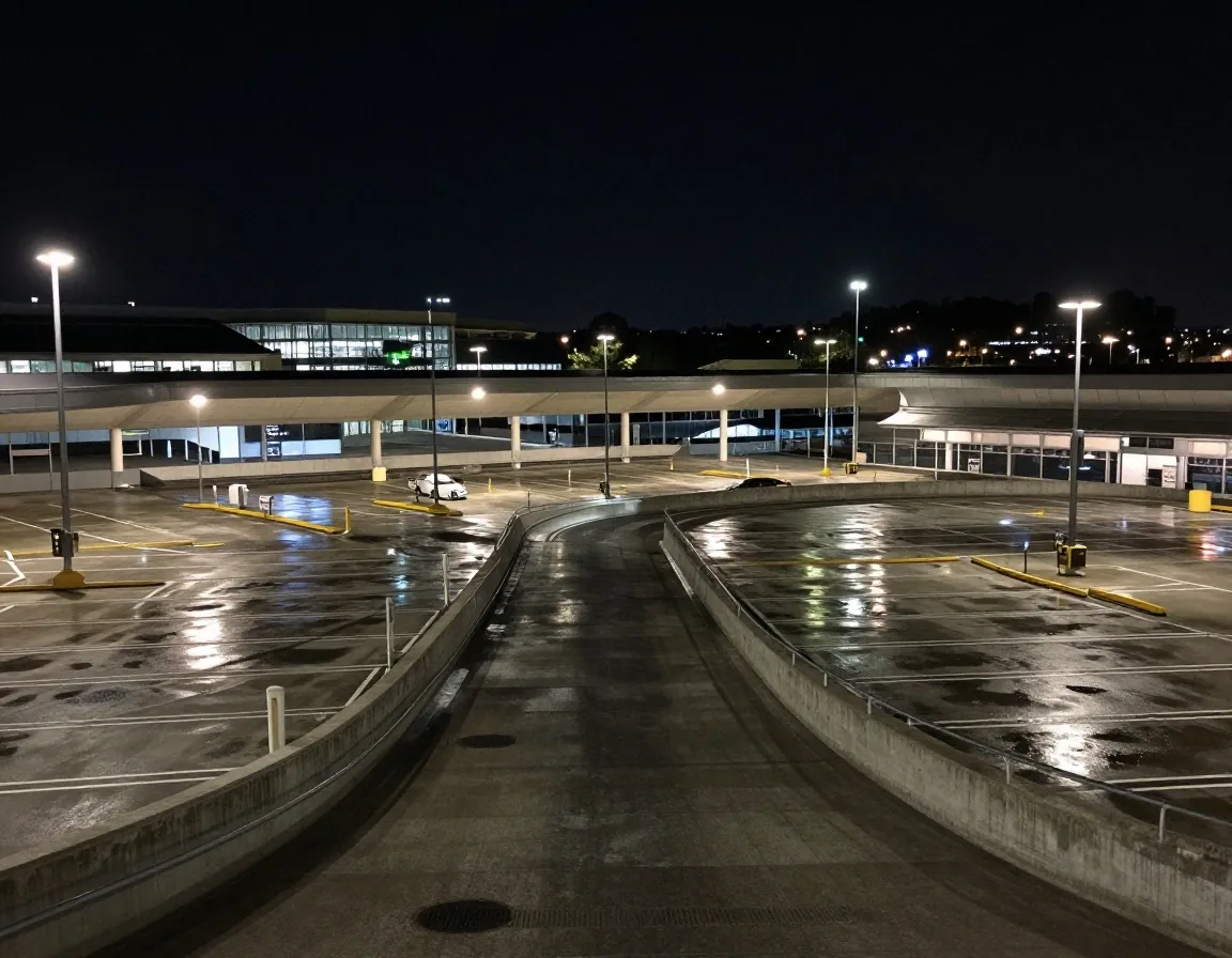 Terminal car park at night with lit bays and wet pavement