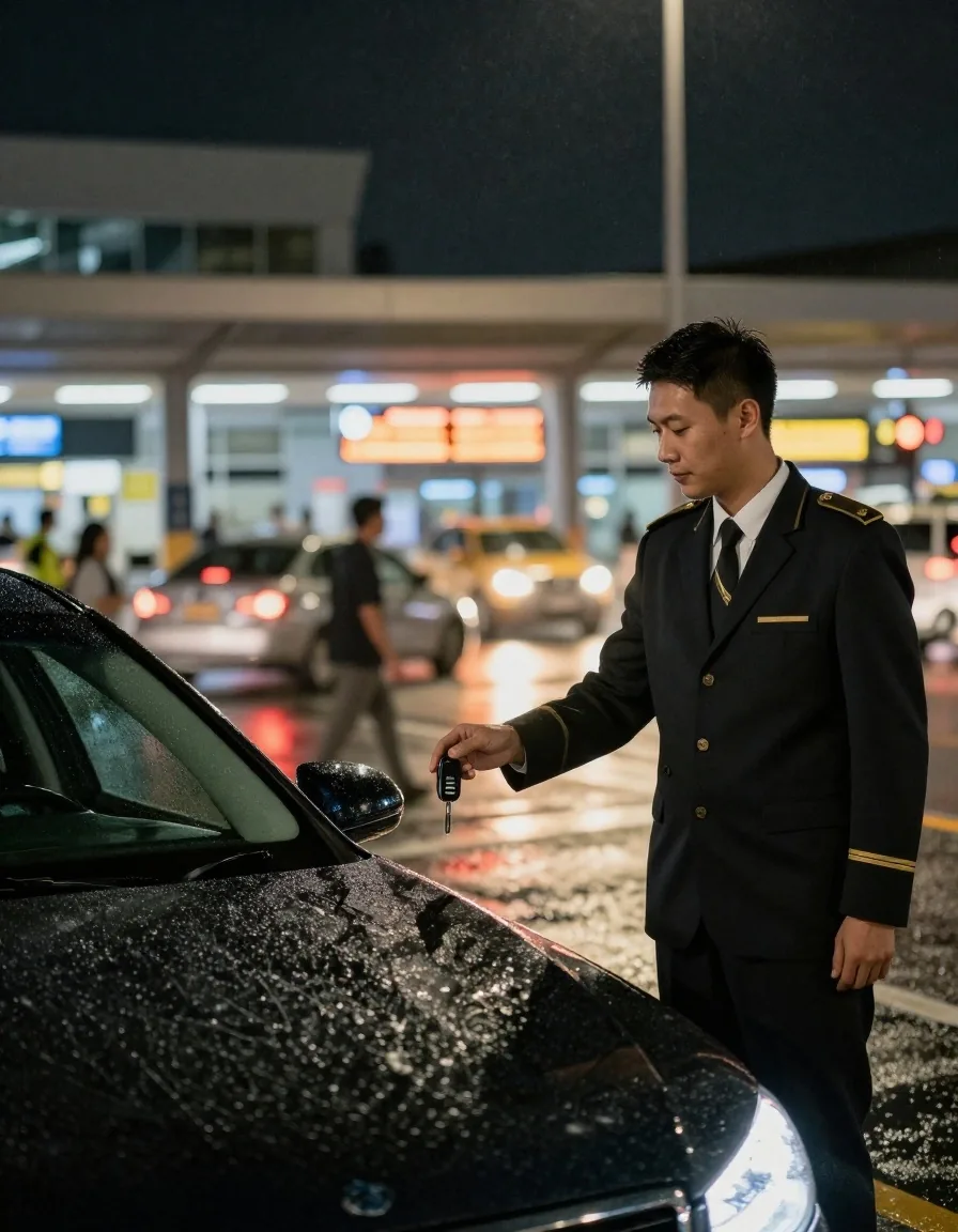 Valet attendant receiving car keys at the terminal at night