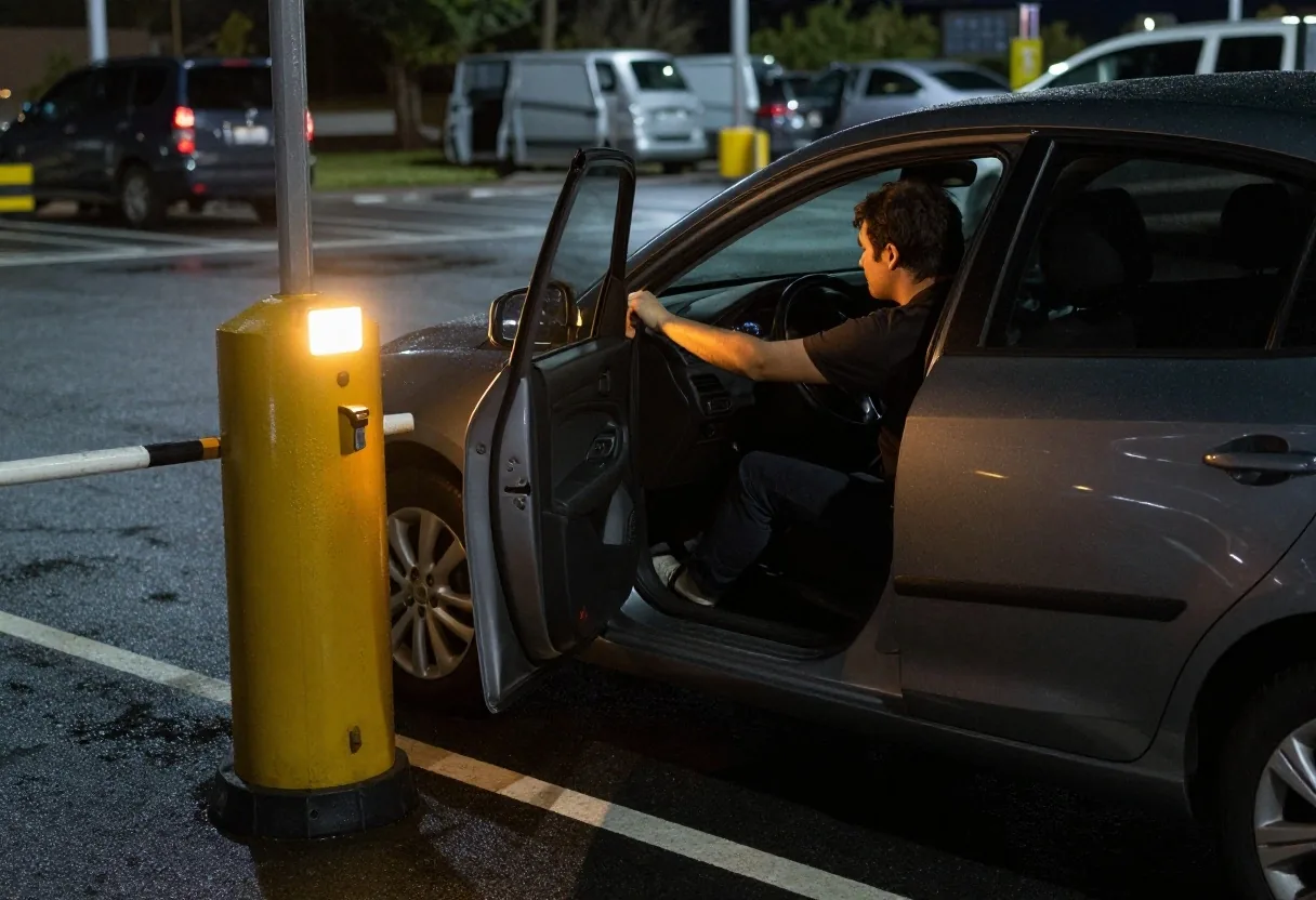 A driver at a parking boom gate at night