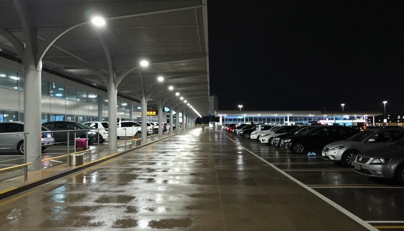 Covered walkway to the airport terminal at night